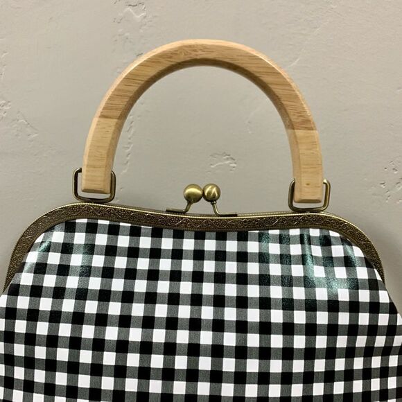 Handmade Genuine Leather Black & White Check Printed Wood Handle Satchel Bag - Picture 12 of 15